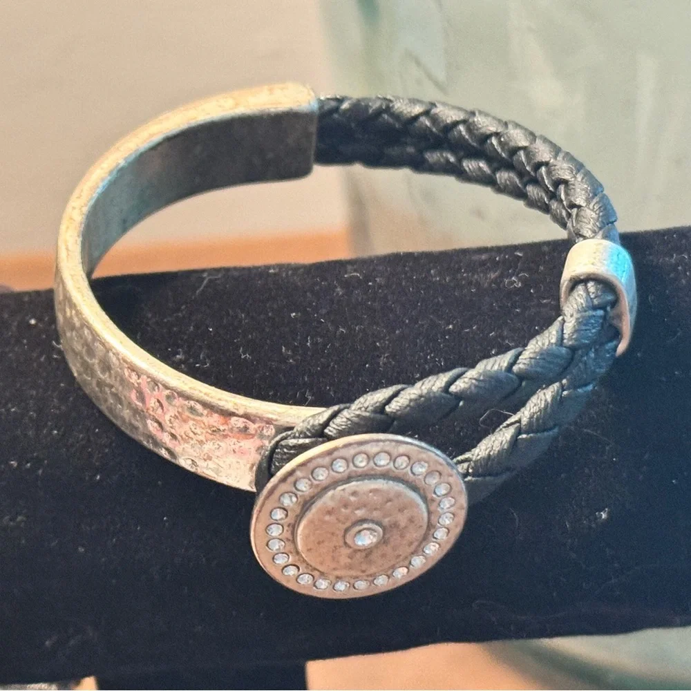 Premier Designs Black Leather  Braided Bracelet with Silver Medallion